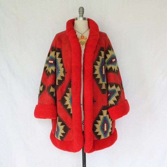 Vintage Valentino Boutique Shearling leather suede Aztec Tribal jacket coat - Picture 4 of 13